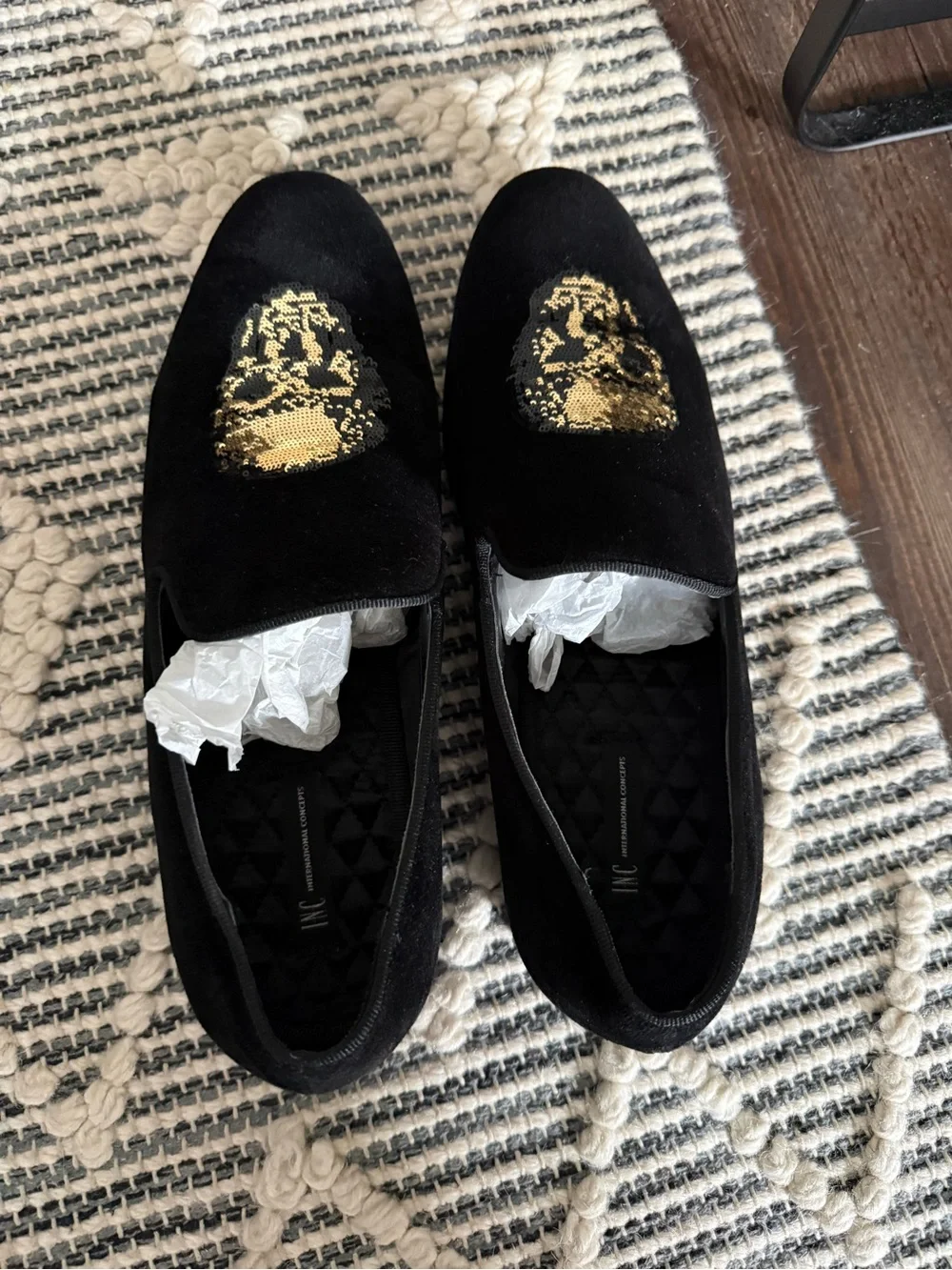 INC International Concepts Black Velvet Loafers with Gold Skull Sequin Detail
